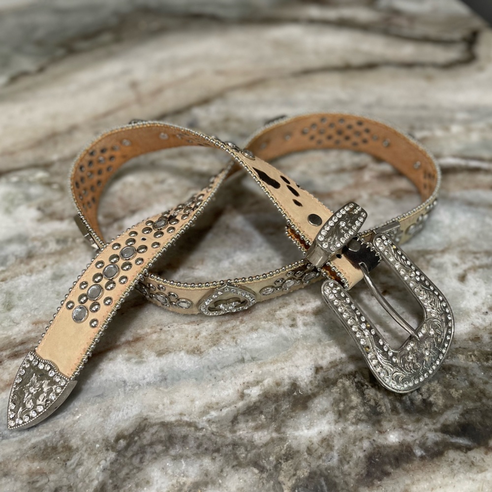 Silver and Tan Studded Leather Belt with Ornate Buckle